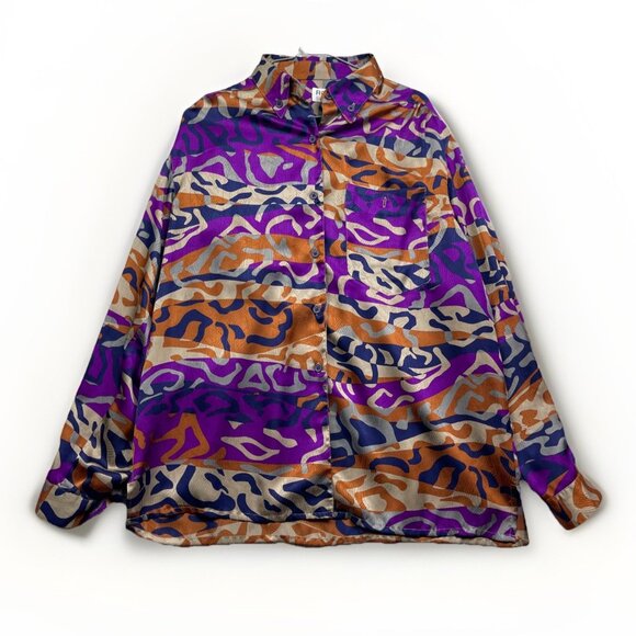 Y2K Rouie Purple / Orange camo AOP Button Up Top Sz 14 Funky Party Canada Made - Picture 1 of 14